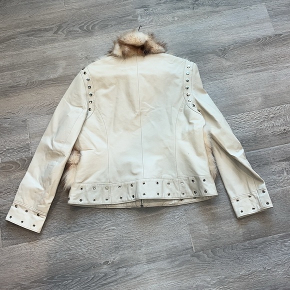 GORGEOUS Ivory genuine leather moto jacket coat fur trim studded sharif size L - Picture 12 of 17